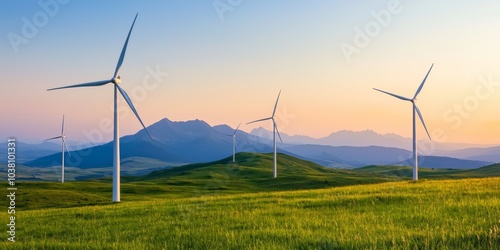 Serene Wind Turbines Against Mountain Backdrop