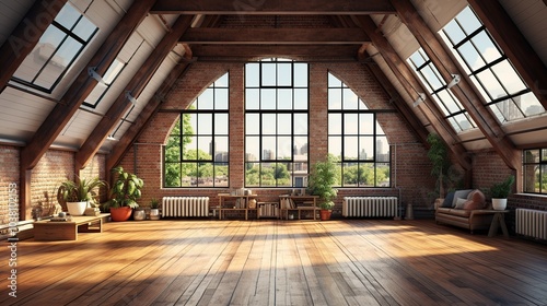 Spacious loft apartment with large windows, exposed brick walls, wooden floor, and city view.