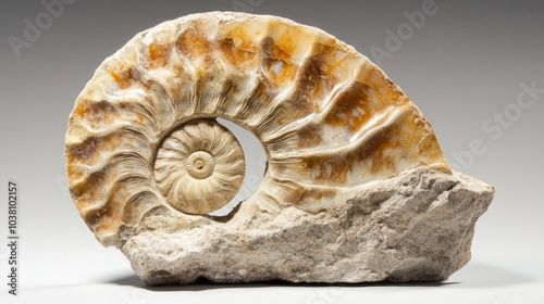 Fossilized ammonite shell, perfectly preserved, showcasing intricate spiral patterns.