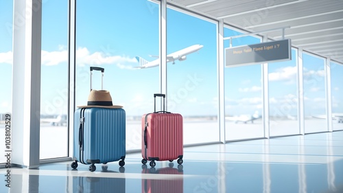 Luggage at Airport Terminal with Plane in Background