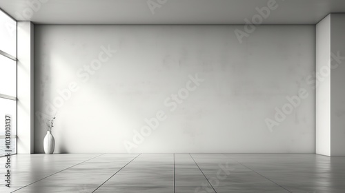 Minimalist empty room with large window and concrete floor, featuring a white vase with a single branch.