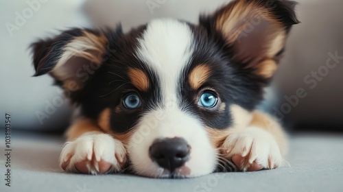 A close-up of a cute puppy with big blue eyes looking directly at the camera.