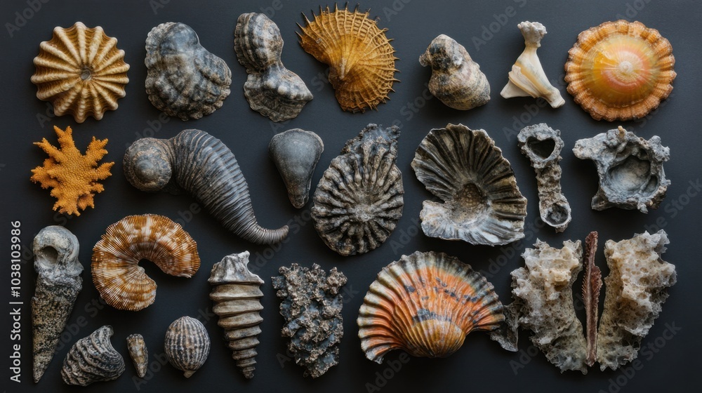 Fossilized remains of prehistoric invertebrates and coral structures from ancient seas.
