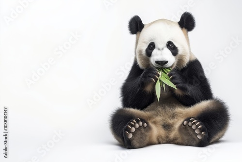 Charming portrait of a relaxed panda enjoying bamboo against a clean white background isolated