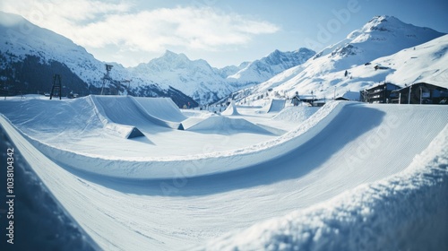 A snowboarding park with ramps and rails, snowy mountain backdrop, Extreme style photo