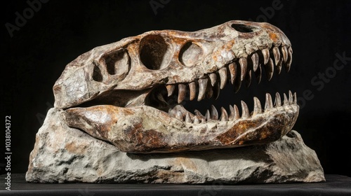 Fossilized skull of a large, carnivorous reptile embedded in stone, revealing its fearsome teeth.