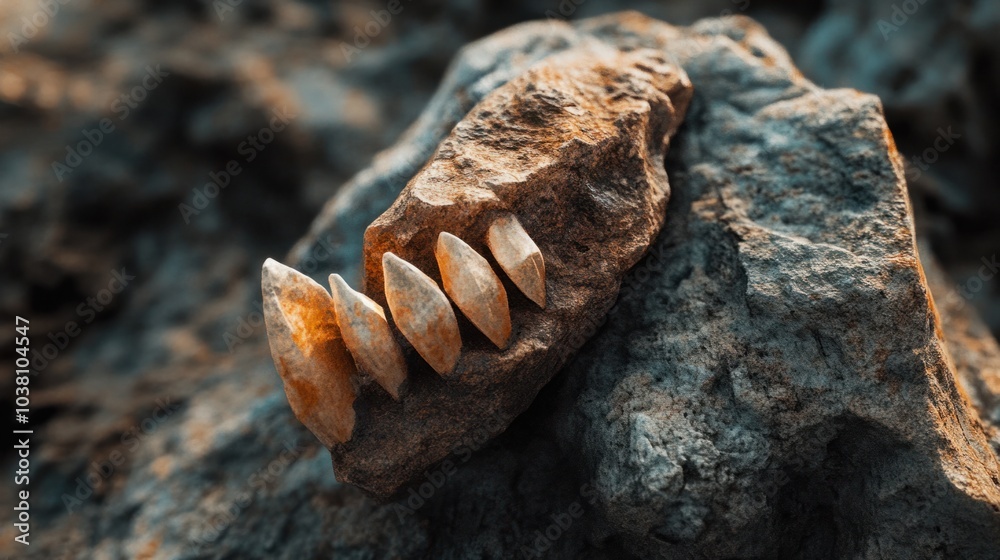 Obraz premium Fossilized teeth of a prehistoric predator embedded in rock, showing sharp edges.