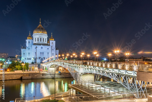 Cathedral of Christ the Savior and Patriarshy bridge at night in Moscow, Russia