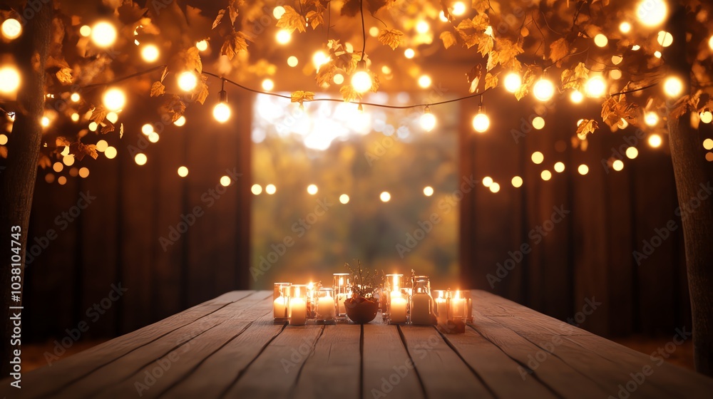 Obraz premium Cozy outdoor setting with string lights and candle-lit table for gatherings.