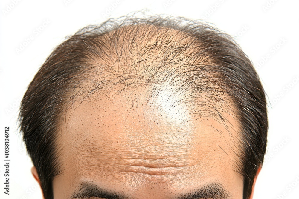 Obraz premium A close-up of a man's scalp showing thinning hair and receding hairline.