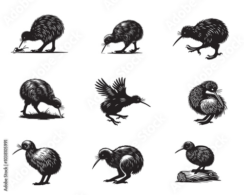 Collection of Kiwi Animal silhouettes Design - Kiwi vector illustration in black and white