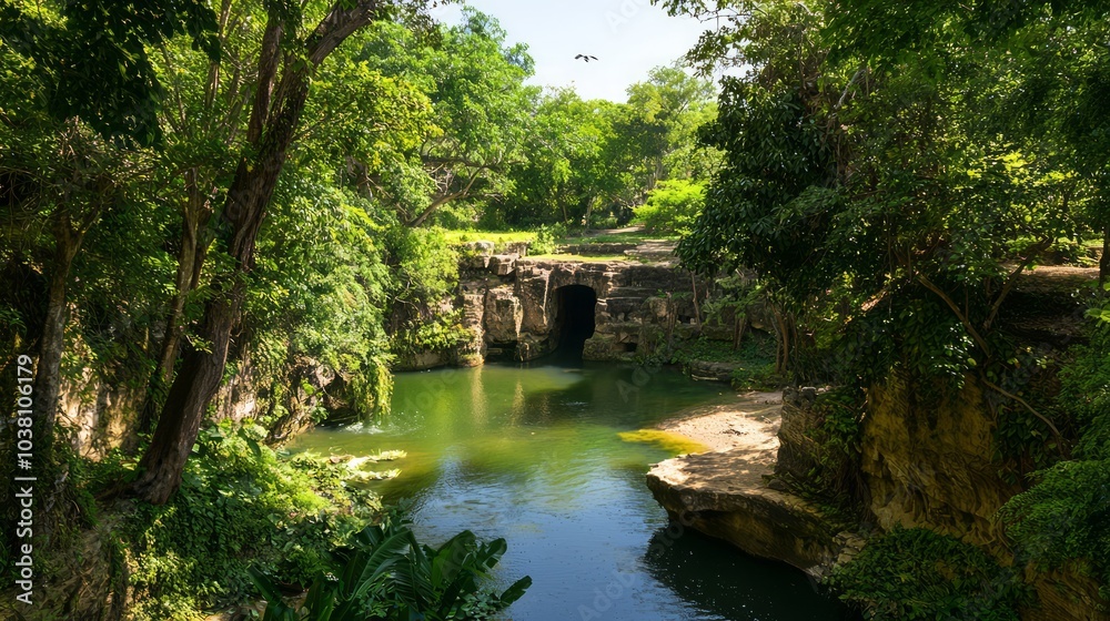 Serene River Landscape with Stone Ruins in Lush Vegetation, Perfect for Relaxation and Exploration Serene River Landscape with Stone Ruins in Lush Vegetation, Perfect for Relaxation and Exploration