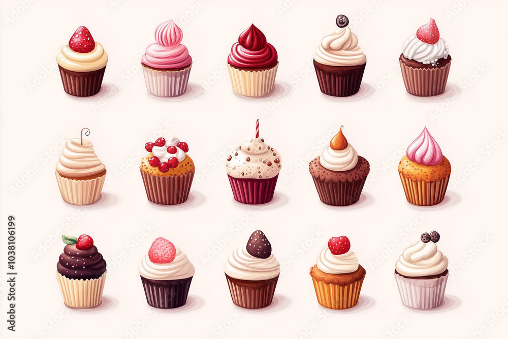  collection of cupcakes with various flavors and toppings. The cupcakes are arranged in a grid, with some of them having frosting and others having fruit toppings. Scene is cheerful and inviting