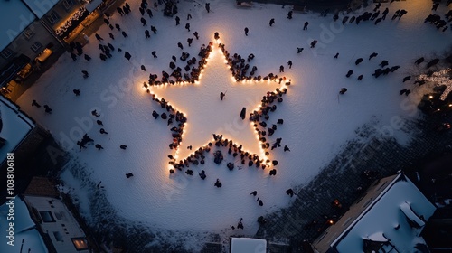 Menschen bilden einen leuchtenden Stern im Schnee photo