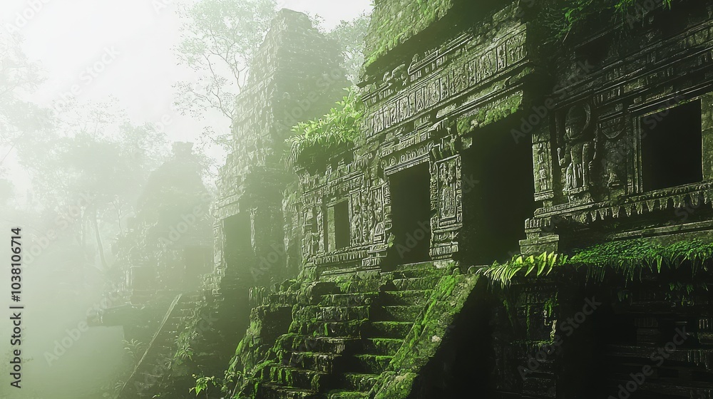 Mystical Discovery: Explorers Uncover Hidden Temple in Enchanted Jungle with Intricate Sculptures and Inscriptions on Misty Morning Mystical Discovery: Explorers Uncover Hidden Temple in Enchanted Jungle with Intricate Sculptures and Inscriptions on Misty Morning