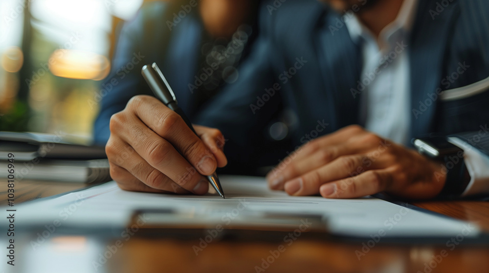Close-up of a couple signing a document together. Close-up of a couple signing a document together.