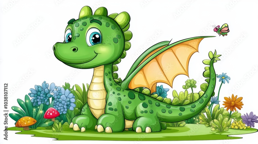 Fototapeta premium Cute Green Dragon Cartoon Character in Garden with Flowers and Mushrooms