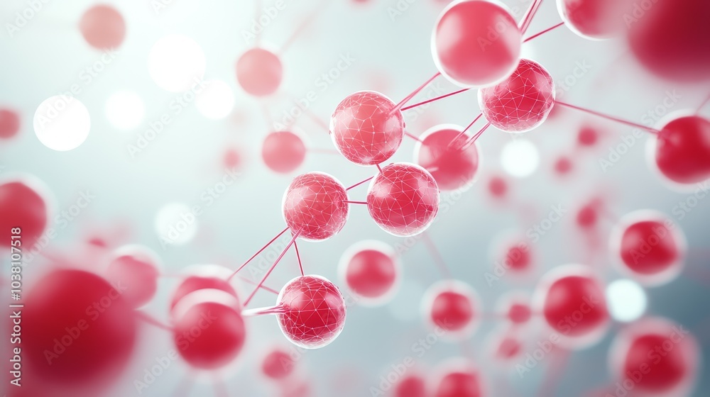 Abstract molecular structure with red atoms and blurred light background. Abstract molecular structure with red atoms and blurred light background.