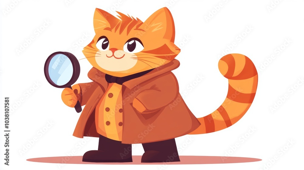 Obraz premium Cute Cartoon Cat Detective with Magnifying Glass