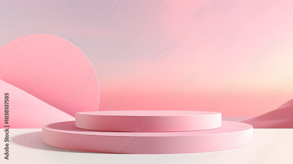 A pastel pink podium surrounded by dreamy clouds under a bright sky. A pastel pink podium surrounded by dreamy clouds under a bright sky.
