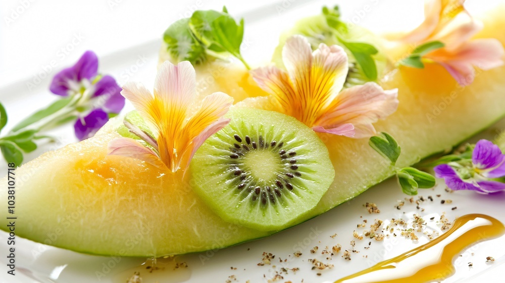 Honeydew melon and kiwi salad with a honey drizzle, isolated on a white background with decorative edible flowers Honeydew melon and kiwi salad with a honey drizzle, isolated on a white background with decorative edible flowers