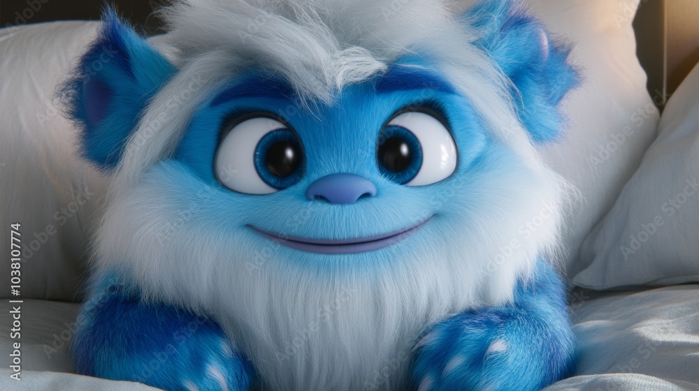 Obraz premium Cute Blue Furry Creature in Bed Cartoon Character Adorable Fantasy 3D Render