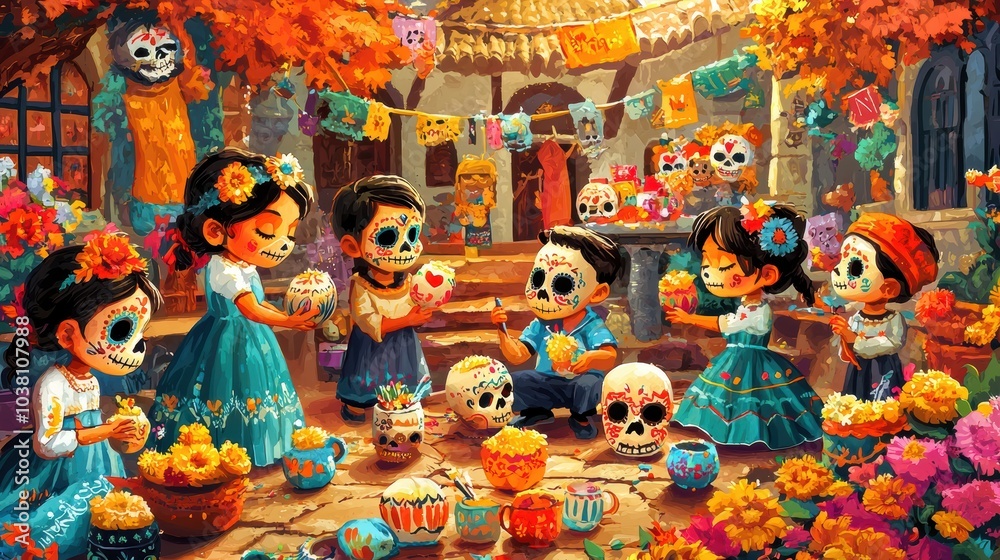 Fototapeta premium Charming Illustration of Children Celebrating Day of the Dead