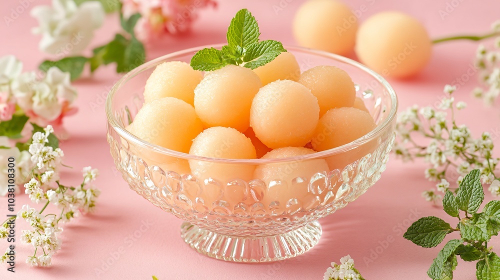 Honeydew melon balls in a crystal bowl, isolated on a pastel pink background with sprigs of mint and edible flowers Honeydew melon balls in a crystal bowl, isolated on a pastel pink background with sprigs of mint and edible flowers