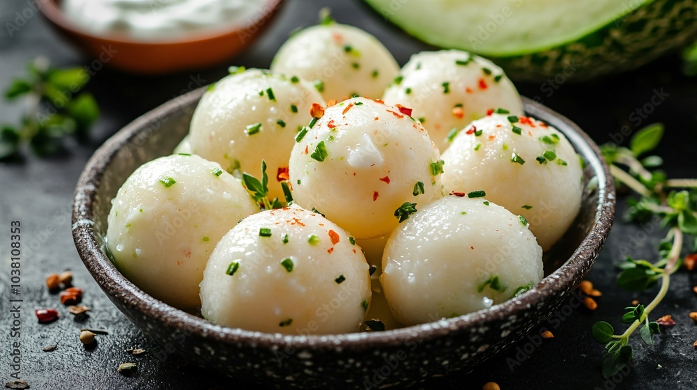 Honeydew melon balls with a lime yogurt dip, isolated on a dark background with chili flakes and fresh thyme Honeydew melon balls with a lime yogurt dip, isolated on a dark background with chili flakes and fresh thyme