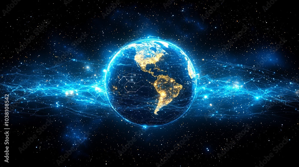 Glowing Digital Globe with Cosmic Background Glowing Digital Globe with Cosmic Background
