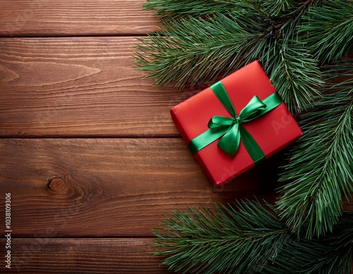 Top view of red and green gift box on pine branches on wooden table with copy space 