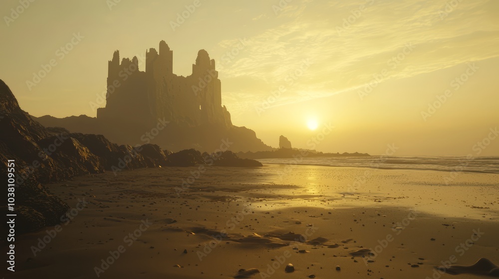 Serene Sunset Beach with Crumbling Castle Silhouette - Adventure and Mystery in Ultra-Detailed Image Serene Sunset Beach with Crumbling Castle Silhouette - Adventure and Mystery in Ultra-Detailed Image