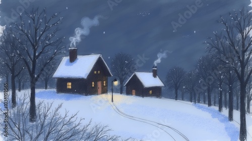 Christmas Card: a winter village adorned with snow, featuring cozy houses, a decorated Christmas tree, and festive atmosphere.