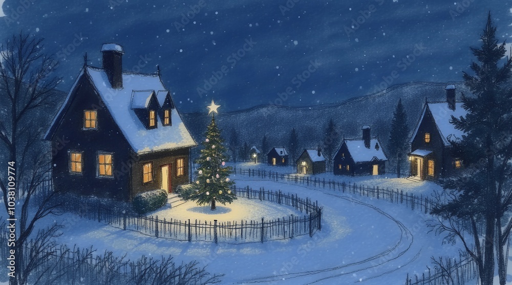Christmas Card: Peaceful Christmas Night in a Snowy Village Christmas Card: Peaceful Christmas Night in a Snowy Village