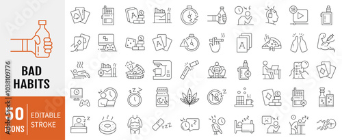 Bad habits icon collection. Containing smoking, drunk, stay up, junk food, playing card, gambling, over sleep and addiction icons. Simple line vector illustration