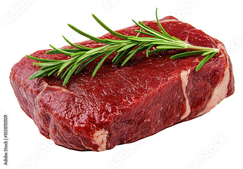 A raw steak garnished with fresh rosemary, showcasing rich red meat against a white background. transparent background photo