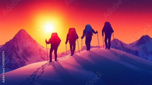 Team of Hikers Reaching Mountain Peak at Sunset