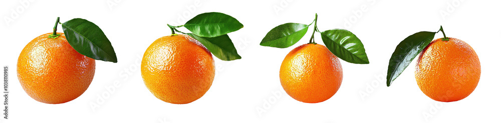 Four vibrant oranges with green leaves on a white background, showcasing their freshness and appeal. transparent background Four vibrant oranges with green leaves on a white background, showcasing their freshness and appeal. transparent background