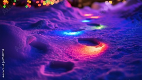 Bunte Fußspuren im Schnee bei Nacht photo