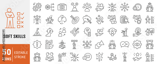 Soft Skills icon set. Containing  leadership, attitude, work ethics, critical thinking, problem solving, teamwork and public speaking icons. Simple line vector illustration.
