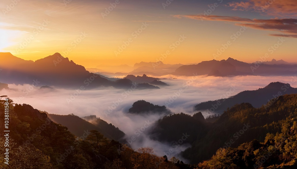 Majestic mountain ranges forming misty landscape at sunrise Majestic mountain ranges forming misty landscape at sunrise