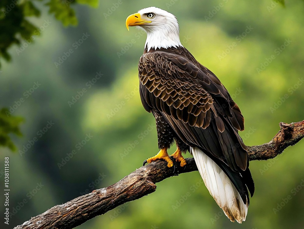 Fototapeta premium a bald eagle is perched on a branch with soft natural blurred background.