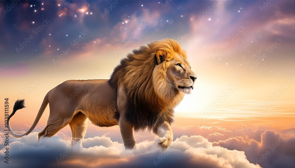 Naklejka premium Majestic lion walking on clouds in dreamlike sunset sky