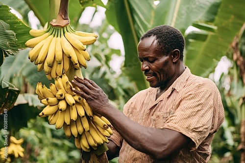 African farmer is examining a bunch of bananas growing on a tree in his banana plantation, ensuring their quality and ripeness