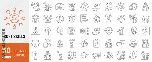 Soft Skills icon set. Containing  leadership, attitude, work ethics, critical thinking, problem solving, teamwork and public speaking icons. Simple line vector illustration.