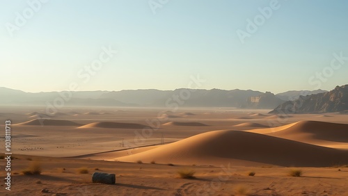 Desert landscape with sand dunes and mountains,