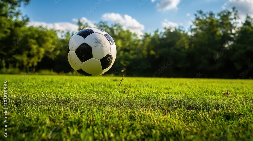 Fototapeta premium A soccer ball mid-flight after a powerful kick, outdoor setting on grass field, Action style