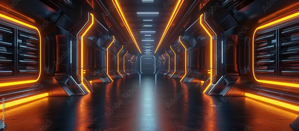 The dark background of the interior space of a science fiction room with a bright neon orange color. 3D illustration. The dark background of the interior space of a science fiction room with a bright neon orange color. 3D illustration.