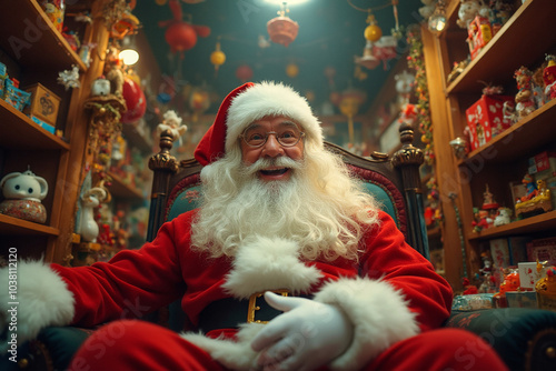 A jovial smiling Santa Claus in red suit and glasses, sits in his toy workshop store, happy welcoming and greeting children and adults 'Merry Christmas'. Concept on Yuletide, Noel holiday season.