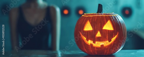 Smiling Halloween pumpkin lights up the festive atmosphere indoors. photo